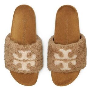 Tory Burch double t Shearling flatform Slides almond flour women’s size 11